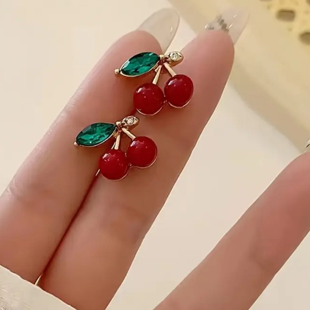 Exquisitely Cute Minimalist Red Cherry With Green Leaves Stud Earrings - Picture 3 of 8